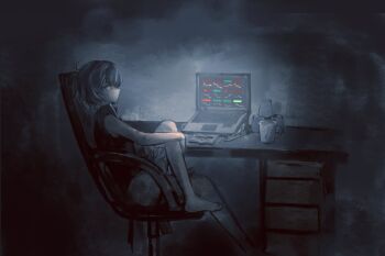 1other androgynous bare_arms bare_legs bare_shoulders barefoot black_hair black_shirt chair chinese_commentary collared_shirt commentary computer cup dark drinking_glass english_commentary full_body hair_between_eyes highres indoors knee_up lamp laptop len'en looking_at_object mixed-language_commentary multilingual_commentary on_chair other_focus partially_undressed purple_eyes shirt shitodo_kuroji short_hair shorts sitting sleeveless sleeveless_shirt solo white_shorts yancao_(pixiv_103434280)