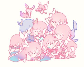 Rule 34 | 6+girls, blue hair, book, chibi, company connection, cyrene (aedes elysiae) (honkai: star rail), cyrene (honkai: star rail), cyrene (ripples of past reverie) (honkai: star rail), dual persona, elf, elf elysia, elysia (herrscher of human: ego) (honkai impact), elysia (hi love elf) (honkai impact), elysia (honkai impact), elysia (miss pink elf) (honkai impact), esther 412, hair ornament, herrscher of corruption, highres, holding, holding book, holding staff, honkai: star rail, honkai (series), honkai impact 3rd, inoue marina, long hair, mem (honkai: star rail), multicolored hair, multiple girls, multiple persona, pink hair, pointy ears, reading, simple background, smile, staff, two-tone hair, very long hair, voice actor connection, white background, white hair, yanning