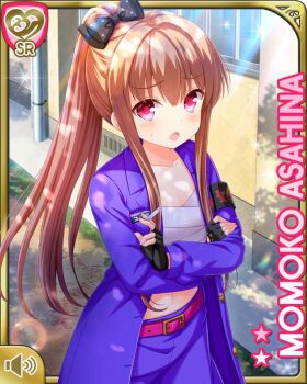 1girl asahina_momoko banchou belt black_bow bow brown_hair crossed_arms delinquent female_focus fingerless_gloves girlfriend_(kari) gloves jacket japanese_clothes long_hair midriff official_art open_mouth outdoors pants pink_belt pocket ponytail purple_jacket purple_pants qp:flapper red_eyes sarashi school solo standing stomach tagme window wrappings