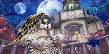 2girls absurdres bare_shoulders black_hair blonde_hair breasts claws commentary_request copyright_request cup dessert feathered_wings feathers food genkyopainting harpy highres holding holding_cup large_breasts long_hair midriff monster_girl moon multicolored_hair multiple_girls navel night night_sky official_art original outdoors pink_shirt shirt sitting_on_fence sky talons tea two-tone_hair winged_arms wings yellow_feathers yellow_wings