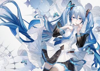 1girl absurdly_long_hair aono_99 black_skirt blue_butterfly blue_eyes blue_hair blue_necktie blue_trim bug butterfly commentary detached_sleeves english_commentary hair_between_eyes hair_ornament hatsune_miku hatsune_miku_happy_16th_birthday_-dear_creators- headset insect long_hair long_sleeves looking_at_viewer necktie official_alternate_costume open_mouth pleated_skirt shirt skirt solo thighhighs very_long_hair vocaloid white_shirt wide_sleeves zettai_ryouiki