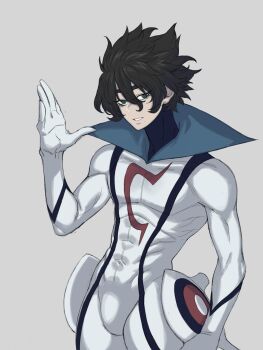 1boy abs black_hair bodysuit casshern casshern_(series) casshern_sins commentary english_commentary grey_background hair_between_eyes hand_up unworn_headwear helmet unworn_helmet highres looking_at_viewer solo standing thetrashbinoverthere white_bodysuit