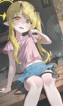 1girl absurdres alternate_costume arm_support blonde_hair blue_archive blue_skirt blurry casual commentary_request crt demon_girl demon_horns demon_tail demon_wings depth_of_field electric_fan fang hair_between_eyes halo head_tilt highres horns hot ibuki_(blue_archive) knees_together_feet_apart long_hair looking_at_viewer merong_(sou47897) midriff navel pink_shirt pulling_own_clothes shirt short_sleeves side_ponytail sidelocks sitting skirt solo summer sweat tail tatami wings wooden_floor yellow_eyes yellow_halo