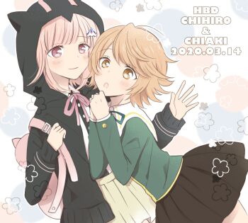 1boy 1girl 2020 :o animal_bag backpack bag belt_buckle birthday_connection black_jacket brown_hair brown_skirt buckle buttons clenched_hands closed_mouth collared_shirt commentary cowboy_shot crossdressing crossdressing_(mtf) danganronpa:_trigger_happy_havoc danganronpa_(series) danganronpa_2:_goodbye_despair dated dot_nose dress_shirt flower fujisaki_chihiro green_jacket green_ribbon hair_ornament hairclip hand_up happy_birthday hashtag-only_commentary height_difference highres holding holding_bag hood hood_up hooded_jacket ichi_1123 jacket layered_sleeves leaning_forward leaning_on_person light_blush long_sleeves looking_at_viewer miniskirt nanami_chiaki neck_ribbon open_clothes open_jacket open_mouth own_hands_together pink_bag pink_eyes pink_hair pink_ribbon pleated_skirt polka_dot polka_dot_background ribbon shirt short_hair skirt smile trap waving white_background white_shirt yellow_skirt