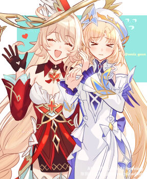 >_< 2girls alice_(genshin_impact) bare_shoulders black_gloves blonde_hair breasts brown_gloves cleavage closed_eyes commentary_request cowlick detached_sleeves dress elf embarrassed genshin_impact gloves hat heart heart-shaped_gem highres large_breasts long_hair miz_(mi) multiple_girls nicole_reeyn open_mouth pointy_ears red_dress red_sleeves side_ahoge smile twitter_username very_long_hair white_dress white_hat witch_hat