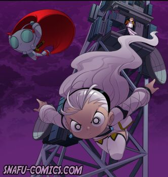 1girl 2boys bell_(ppgd) black_hairband bleedman cape character_request cloud cloudy_sky dress frown gir_(invader_zim) gir_(robot)_(invader_zim) grey_eyes grey_hair hairband highres invader_zim jacket long_hair long_sleeves multiple_boys original powerpuff_girls powerpuff_girls_doujinshi purple_background radio_tower red_cape robot satellite_dish sheath sheathed sky sword thighhighs very_long_hair watermark weapon web_address white_dress white_jacket white_thighhighs