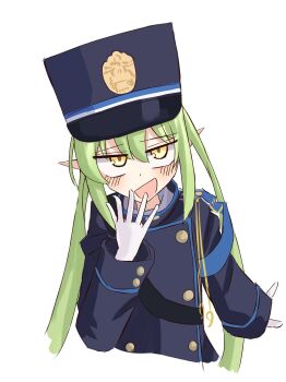 1girl armband black_tail blue_archive blue_armband blush demon_tail fang gloves green_hair green_halo halo hat highres irutann long_hair long_sleeves looking_at_viewer making_faces nozomi_(blue_archive) open_mouth peaked_cap pointy_ears skin_fang smile tail train_conductor twintails white_gloves yellow_eyes