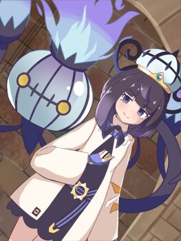 1girl black_bow black_bowtie black_dress black_hair blue_gloves blunt_bangs bow bowtie chandelure closed_mouth coat commentary_request dress fingerless_gloves gekogekobuhihi gen_5_pokemon gloves grey_eyes gwynn_(pokemon) hand_up hat highres holding holding_poke_ball long_hair long_sleeves nest_ball nintendo open_clothes open_coat poke_ball pokemon pokemon_(creature) pokemon_legends:_z-a smile white_coat