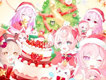 >_o +_+ 5girls aqua_hair cake castorice_(honkai:_star_rail) character_doll christmas christmas_cake christmas_tree commentary_request cyrene_(demiurge)_(honkai:_star_rail) cyrene_(honkai:_star_rail) cyrene_(philia093)_(honkai:_star_rail) diamond-shaped_pupils diamond_(shape) doll evernight_(honkai:_star_rail) food grey_hair hat highres honkai:_star_rail honkai_(series) hyacine_(honkai:_star_rail) little_ica_(honkai:_star_rail) long_hair march_7th_(honkai:_star_rail) mem_(honkai:_star_rail) multiple_girls one_eye_closed pink_hair pointy_ears purple_eyes purple_hair red_eyes red_hat santa_hat smile stelle_(honkai:_star_rail) symbol-shaped_pupils tansanlemon100 trailblazer_(honkai:_star_rail) tribbie_(honkai:_star_rail) very_long_hair