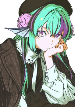 1girl aqua_hair beret black_hair coat coat_on_shoulders expressionless fif_228 finana_ryugu finana_ryugu_(jirai_kei) fins flower hair_between_eyes hair_flower hair_ornament hand_on_own_chin hat head_fins head_rest highres long_hair looking_at_viewer multicolored_hair nijisanji nijisanji_en purple_eyes purple_hair simple_background sitting solo streaked_hair upper_body virtual_youtuber white_background