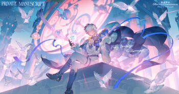 1boy analog_clock belt bird black_boots black_cape black_gloves black_hair blue_bow blue_ribbon blue_shirt boots borrowed_character bow cape checkered_cape checkered_clothes cleavage_cutout clock clock_tower closed_mouth clothing_cutout cloud commission crossed_legs dove dusk expressionless final_fantasy final_fantasy_xiv foot_dangle full_body gloves grey_eyes hair_between_eyes half_gloves happy_birthday heterochromia hyur layered_clothes light_particles looking_at_viewer male_focus multicolored_hair murrtecys_ansuz nomi_tongxue object_floating_above_hand original outdoors pants pants_tucked_in ribbon shirt short_hair sitting small_stellated_dodecahedron solo star_(symbol) thigh_belt thigh_strap tower two-tone_hair vest warrior_of_light_(ff14) white_hair white_pants white_sleeves white_vest yellow_eyes