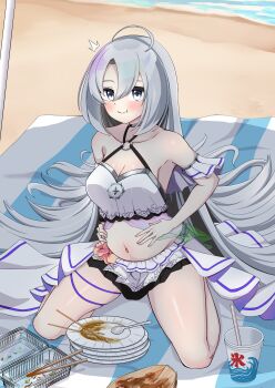 1girl absurdres bare_shoulders big_belly bloated blue_eyes blush breasts chopsticks closed_eyes collarbone commission cup disposable_cup duel_masters duel_masters_play's eating empty_plate food grey_hair highres holding_belly kanon_(duel_masters) long_hair looking_at_viewer medium_breasts plate pvcw5482 skeb_commission solo swimsuit towel tray very_long_hair