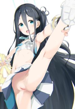 1girl aris_(blue_archive) bare_shoulders black_hair black_hairband blue_archive blue_eyes blurry breasts cheerleader collar cosplay depth_of_field female_focus hair_between_eyes hairband hibiki_(blue_archive) highres holding_leg kokekokko_coma leg_up loli long_hair looking_at_viewer midriff multicolored_skirt navel no_panties nude_filter one_side_up open_mouth outstretched_arm pleated_skirt pom_pom_(cheerleading) pussy simple_background skirt small_breasts solo split spread_legs standing standing_on_one_leg standing_split tagme third-party_edit uncensored very_long_hair white_background white_collar