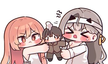 2girls bandaged_hand bandaged_head bandages blush breasts brown_hair character_doll chibi child commander_(nikke) deformed doll doll_(nikke) goddess_of_victory:_nikke grey_hair highres holding holding_doll hospital_gown large_breasts long_hair marian_(nikke) mming_(mmingis18) modernia_(first_affection)_(nikke) modernia_(nikke) multiple_girls naked_shirt off_shoulder official_alternate_costume only_one_(nikke) open_mouth oversized_clothes red_eyes ribbon shirt single_bare_shoulder single_hair_intake star-shaped_pupils star_(symbol) symbol-shaped_pupils white_gown white_shirt yellow_ribbon