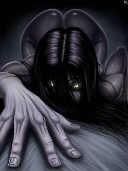 1boy 1girl 2022 ass black_hair black_sclera colored_sclera commentary covered_mouth crawling dated english_commentary eyebrows_hidden_by_hair foreshortening ghost_girl glowing glowing_eyes hair_over_eyes hair_spread_out highres huge_ass indoors long_hair looking_at_viewer noriakis_art nude on_person outstretched_arm perspective pov shirt the_ring thick_thighs thighs top-down_bottom-up white_shirt yamamura_sadako yellow_eyes