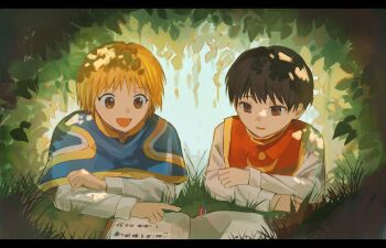 2boys arm_rest black_border black_hair blonde_hair book border brown_eyes character_request commentary highres hunter_x_hunter kurapika letterboxed male_focus multiple_boys open_book open_mouth sevenlistening shirt symbol-only_commentary upper_body white_shirt