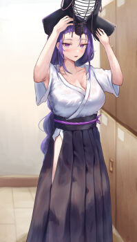 Rule 34 | 1girl, absurdres, alternate costume, armpits, bangs pinned back, blunt bangs, blurry, blurry background, blush, braid, breasts, cleavage, clothing cutout, collarbone, commentary request, genshin impact, helmet, highres, hip vent, holding, holding unworn helmet, huge breasts, indoors, japanese clothes, kendo, kendo mask, large breasts, long braid, long hair, open mouth, purple eyes, purple hair, raiden shogun, sash, short sleeves, side slit, single braid, skirt, standing, sweat, unworn headwear, unworn helmet, upper body, wide sleeves, yawww (yawwwart)