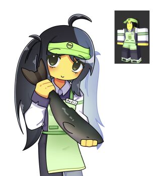 Rule 34 | 1girl, ahoge, animal, anonchan200, apron, barista, barista (defend the train), black hair, closed mouth, collared shirt, colored skin, cropped legs, defend the train, fewer digits, fish, green apron, green eyes, holding, holding animal, holding fish, long hair, long sleeves, looking at viewer, name tag, no nose, pants, photo inset, purple vest, reference inset, roblox, shirt, smile, solo, standing, twintails, vest, visor cap, white background, white shirt, yellow skin