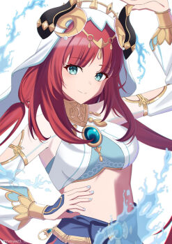 1girl aqua_eyes arm_up bad_anatomy bad_hands blue_gem blue_nails breasts circlet closed_mouth commentary_request dancer fake_horns gem genshin_impact harem_outfit highres horns hydrokinesis jewelry large_breasts long_sleeves looking_at_viewer midriff mixed-language_commentary nail_polish neck_ring nilou_(genshin_impact) partial_commentary puffy_long_sleeves puffy_sleeves red_hair simple_background smile solo twintails twitter_username veil water white_background white_veil yuriru
