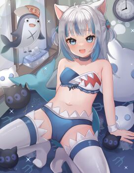 1girl absurdres ahoge analog_clock animal_ears armpit_crease bandeau bare_shoulders bed bikini bloop_(gawr_gura) blue_eyes blue_hair blue_panties body_bridge bra cameltoe cat_ears choker clock commentary female_focus fins fish_tail gawr_gura grey_hair hair_ornament highres hololive hololive_english loli long_hair looking_at_viewer multicolored_hair navel nekopurin_(nyanko_prin) on_bed open_mouth panties shark_hair_ornament shark_print shark_tail sharp_teeth smile solo stomach strapless strapless_bikini streaked_hair stuffed_toy swimsuit tail teeth thighhighs tissue_box two_side_up underwear virtual_youtuber wall_clock white_thighhighs wrist_cuffs