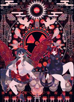 2girls absurdres animal_ear_fluff animal_ears ankle_socks apron asymmetrical_legwear bird bird_girl bird_wings black_bow black_dress black_hair black_trim boku_(isizakitakasi) bone bow braid bread cat_girl cat_tail chrysanthemum crow dress feathered_wings flower food frilled_apron frills full_body hair_bow highres kaenbyou_rin large_bow legwear_garter loaf_of_bread looking_at_viewer multiple_girls multiple_tails pinwheel radiation_symbol red_eyes red_hair red_nails red_skirt red_socks red_theme reiuji_utsuho shirt skirt skull_background socks sun tail torii touhou twin_braids two-tone_skirt two_tails uneven_legwear white_shirt wings