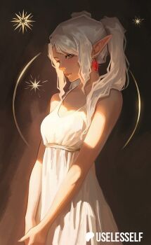 1girl artist_name bare_arms bare_shoulders breasts brown_background closed_mouth commentary cow dress earrings elf english_commentary frieren jewelry long_hair medium_breasts parted_bangs pointy_ears simple_background sleeveless sleeveless_dress solo sousou_no_frieren twintails useless_elf v_arms wavy_hair white_dress