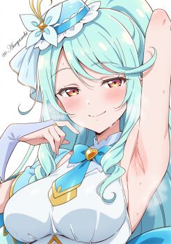 Rule 34 | 1girl, aachan (aacyanchi), arm up, armpits, blue bow, blue bridal gauntlets, blue hair, blue hat, blue ribbon, blush, bow, breasts, bridal gauntlets, brooch, brown eyes, butterfly hat ornament, closed mouth, commentary request, cure eclair, curly hair, dot nose, halterneck, hat, hat ornament, heart, heart brooch, highres, jewelry, long hair, looking at viewer, magical girl, medium breasts, meitantei precure!, mini hat, paid reward available, ponytail, precure, presenting armpit, ribbon, shiny skin, simple background, smile, solo, steaming body, twitter username, white background