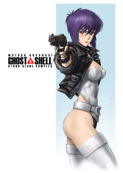 absurdres ass belt black_jacket character_name copyright_name cropped_legs ghost_in_the_shell ghost_in_the_shell:_stand_alone_complex gun handgun highleg highleg_leotard highres holding holding_gun holding_weapon jacket kusanagi_motoko leotard looking_at_viewer medium_hair purple_eyes red_eyes revealing_clothes s2ka shiny_skin short_sleeves strapless strapless_leotard thighhighs weapon white_leotard white_thighhighs wide_hips