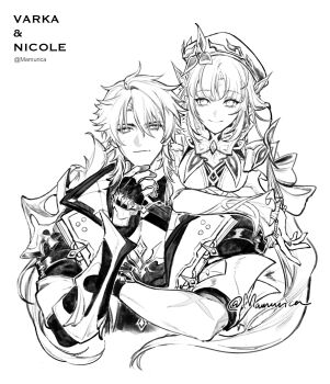 1boy 1girl absurdres artist_name character_name chinese_commentary closed_mouth commentary_request cropped_torso cross_scar elbow_on_another's_shoulder elbow_rest facial_mark fingerless_gloves forehead_mark genshin_impact gloves greyscale hand_on_own_chin hat highres looking_at_viewer mamurica monochrome nicole_reeyn scar scar_on_arm scar_on_face simple_background varka_(genshin_impact) white_background