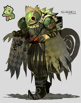 Rule 34 | 1other, absurdres, armor, bag, boots, cloak, commentary request, dagger, full body, gen 3 pokemon, gloves, green armor, green cloak, green tunic, helmet, highres, kecleon, knife, nintendo, personification, pokemon, pokemon (creature), shoulder armor, simple background, sukepmonster, tail, tunic, weapon
