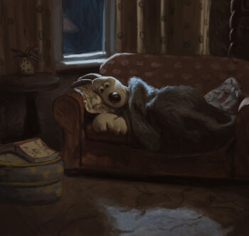 1boy couch furry gromit highres indoors lying moonlight night night_sky olliemnjones on_couch on_side plant potted_plant shadow sky table vase wallace_&amp;_gromit