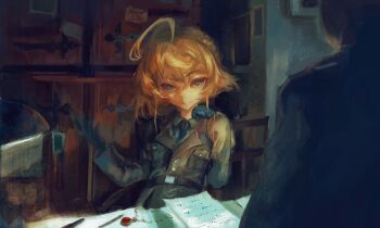 1boy 1girl ahoge belt black_gloves blonde_hair blue_eyes cross cross_necklace gloves hair_between_eyes highres jacket jewelry long_sleeves military military_uniform necklace necktie paper papers short_hair smile tanya_degurechaff white200406 writing youjo_senki