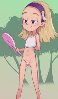 1girl arm_behind_head bar_censor black_eyes blonde_hair blush bottomless bow censored collarbone conoghi disney flat_chest green_background hair_bow hairband holding holding_paddleball long_hair marsupilami navel object_insertion paddleball plum_devort pussy pussy_juice shirt sleeveless sleeveless_shirt smile standing tree vaginal vaginal_object_insertion white_bow white_shirt
