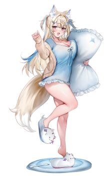 1girl :d absurdres animal_ear_fluff animal_ears animal_slippers arm_up bandaid bandaid_hair_ornament blonde_hair blue_nails blue_nightgown blue_streaks blush breast_press breasts brown_cardigan cardigan cleavage collarbone commentary dog_ears dog_girl dog_tail fang fingernails frilled_nightgown full_body fuwawa_abyssgard hair_intakes hair_ornament highres holding holding_pillow hololive hololive_english large_breasts leg_up long_hair long_sleeves looking_at_viewer maru_ccy multicolored_hair nail_polish nightgown open_mouth pajamas perroccino_(fuwamoco) pillow pink_eyes simple_background skin_fang sleeves_past_wrists slippers smile solo standing standing_on_one_leg streaked_hair symbol-only_commentary tail thighs two_side_up white_background