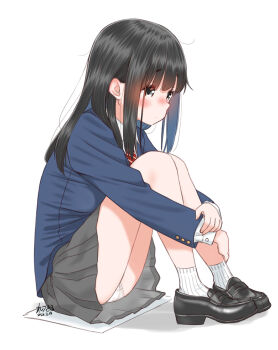 Rule 34 | 1girl, 2026, black hair, black shoes, blue jacket, blush, bow, bowtie, closed mouth, commentary request, dated, dot mouth, full body, grey eyes, grey skirt, hugging own legs, jacket, knees up, loafers, long sleeves, medium hair, miniskirt, nose blush, original, panties, pantyshot, red bow, red bowtie, retsumaru, ribbed socks, school uniform, shirt, shoes, sidelocks, signature, simple background, sitting, skirt, socks, solo, striped bow, striped bowtie, striped clothes, underwear, white background, white panties, white shirt, white socks