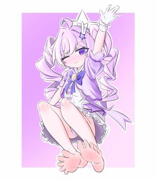 1girl absurdres barefoot blue_archive drill_hair feet highres light_blush long_hair looking_at_viewer one_eye_closed panties pantyshot purple_eyes purple_hair reisa_(blue_archive) reisa_(magical)_(blue_archive) smile soles toes twin_drills twintails underwear xiao_you_ovo