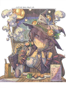 animal_ears arm_belt arm_ribbon asymmetrical_bangs bare_shoulders border bottle brown_hair candy charm_(object) chewing commentary_request corset crown_of_thorns dango dated detached_sleeves eating eyeshadow food fox_ears fox_girl fox_tail frills hair_ornament halloween halloween_costume hat hat_pin hat_with_ears head_rest highres indoors jack-o'-lantern jacket light_bulb long_hair makeup making-of_available marker_(medium) meiz menu open_clothes open_jacket original outline painting_(medium) patchwork_clothes plate popped_collar pumpkin pumpkin_ornament red_eyes red_eyeshadow restaurant ribbon shikishi sitting steaming_food sweatdrop tail traditional_media wagashi water_bottle watercolor_(medium) white_border white_outline witch witch_hat wrist_belt