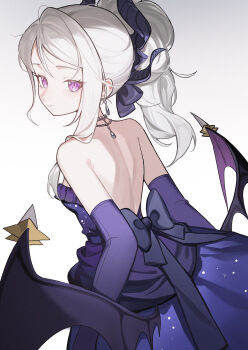 1girl absurdres backless_dress backless_outfit bare_shoulders black_horns blue_archive commentary demon_horns demon_wings dress earrings elbow_gloves from_behind gloves highres hina_(blue_archive) hina_(dress)_(blue_archive) horns jewelry long_hair looking_at_viewer looking_back multiple_horns necklace official_alternate_costume official_alternate_hairstyle pendant purple_dress purple_eyes purple_gloves purple_wings simple_background solo strapless strapless_dress turning_head wavy_hair weirdo white_hair wings