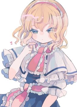1girl alice_margatroid blonde_hair blue_dress blue_eyes blush capelet closed_mouth dress expressionless frills hair_between_eyes hairband hand_up heart hiyuu_(hiyualice) lolita_hairband looking_at_viewer medium_hair neckerchief red_neckerchief short_sleeves solo touhou upper_body white_background white_capelet