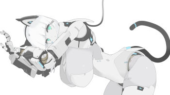 1girl android animal_ears aqua_eyes breasts cable cat_ears cat_girl cat_tail commentary_request cowboy_shot from_side grey_hair highres huge_breasts joints leaning_forward leotard looking_at_viewer mechanical_arms nanatsuki_sousuke neckerchief original robot_girl robot_joints simple_background solo strapless strapless_leotard tail white_background white_leotard white_neckerchief