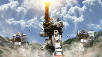 3d aiming artist_name battle cloud commentary_request debris dust_cloud english_text firing ground_gundam gun gundam gundam_08th_ms_team highres kneeling machine_gun machinery mecha mecha_focus mobile_suit mountainous_horizon muzzle_flash no_humans realistic robot s.hasegawa science_fiction shield v-fin watermark weapon