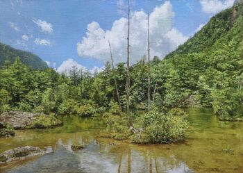 absurdres bare_tree blue_sky bush cloud commentary_request day forest highres mountain naohiro_ito nature oil_painting_(medium) original painting_(medium) photorealistic realistic scenery shadow shallow_water sky sunlight traditional_media tree water