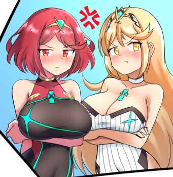 blonde_hair breasts jarckius large_breasts mythra_(radiant_beach)_(xenoblade) mythra_(xenoblade) pyra_(pro_swimmer)_(xenoblade) pyra_(xenoblade) red_eyes short_hair xenoblade_chronicles_(series) xenoblade_chronicles_2 yellow_eyes