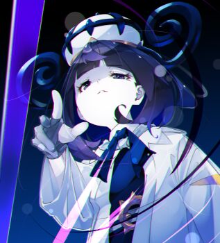 1girl black_dress black_eyes black_hair commentary_request dress from_below gloves gorilla_(bun0615) gwynn_(pokemon) highres jacket looking_at_viewer medium_hair nintendo partially_fingerless_gloves pokemon pokemon_legends:_z-a solo white_jacket