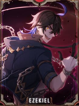 1boy ahoge artist_request black_gloves black_hair black_jacket blue_hair border chain commentary commentary_request cuffs english_commentary ezekiel_(king's_raid) from_behind gloves gold_trim highres jacket king's_raid korean_commentary medium_hair mixed-language_commentary official_art open_mouth popped_collar red_background second-party_source shackles sharp_teeth shirt slit_pupils smile solo teeth upper_body white_gloves white_shirt wide-eyed yellow_eyes