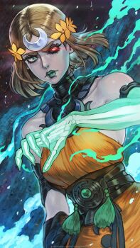 1girl ancient_greek_clothes asymmetrical_arms black_sclera blonde_hair bone colored_sclera dress glowing_arm greco-roman_clothes green_eyes green_lips hades_(series) hades_2 heterochromia highres laurel_crown magion02 melinoe_(hades) mismatched_sclera orange_dress red_eyes see-through_body short_hair skeletal_arm solo