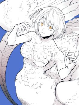 Rule 34 | 1girl, blue background, body fur, breasts, centauroid, chimera, commentary request, cowboy shot, dungeon meshi, falin touden, falin touden (chimera), feathered wings, greyscale with colored background, hair between eyes, hands up, highres, large breasts, looking at viewer, monster girl, ohitsuji ei, parted lips, short hair, simple background, slit pupils, solo, spot color, taur, upturned eyes, wings, yellow eyes