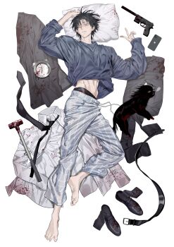 1boy absurdres belt black_hair black_necktie blood blood_on_pillow bloody_weapon calvin_klein cellphone chamuring collared_shirt commentary_request full_body gun hammer han_maru highres hip_bones iphone korean_commentary long_sleeves lying male_focus male_underwear male_underwear_peek necktie one_eye_closed phone pillow red_male_underwear saliva shirt shoes short_hair simple_background smartphone solo special_civil_servant stomach underwear unworn_belt unworn_clothes unworn_necktie unworn_shirt unworn_shoes weapon white_background white_shirt