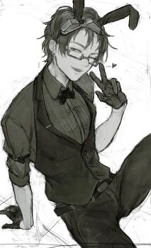 0ml3c 1boy animal_ears arm_belt arm_support belt bow bowtie collared_shirt earrings fake_animal_ears fang glasses gloves gnosia goggles goggles_on_head greyscale hand_up heart highres jewelry looking_at_viewer male_focus monochrome one_eye_closed open_clothes open_mouth open_vest pants rabbit_ears semi-rimless_eyewear sha-ming shirt short_hair sitting sleeves_rolled_up smile solo teeth v vest