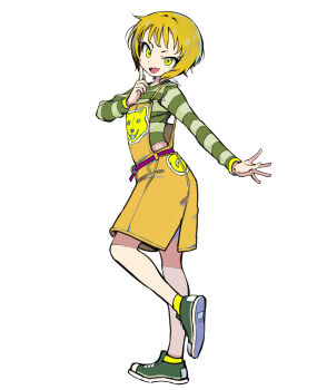 1girl absurdres belt brown_hair commentary eudetenis eyelashes fang finger_to_cheek full_body green_shirt green_shoes highres long_sleeves open_mouth original overalls purple_belt shirt shoes short_hair simple_background skin_fang smile socks solo standing standing_on_one_leg striped_clothes striped_shirt white_background yellow_eyes yellow_overalls yellow_socks